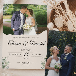 Elegante Boho Eucalyptusbladeren & Fototrouwdag Kaart