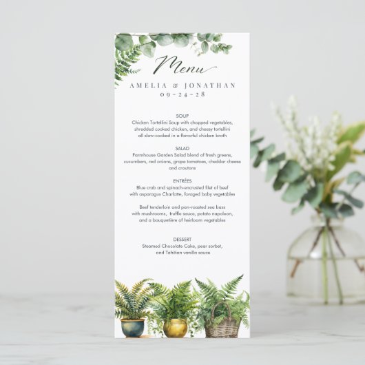 Elegante Boho Fern Eucalyptus Groen Bruiloft Menu (Staand voorkant)