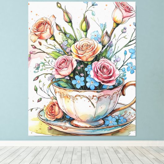 Elegante Boho Floral Art gestrekte canvas print (Insitu (Houten vloer))