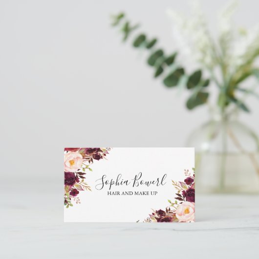 Elegante Boho Floral Bourgogne Peony Blush Visitekaartje (Staand voorkant)