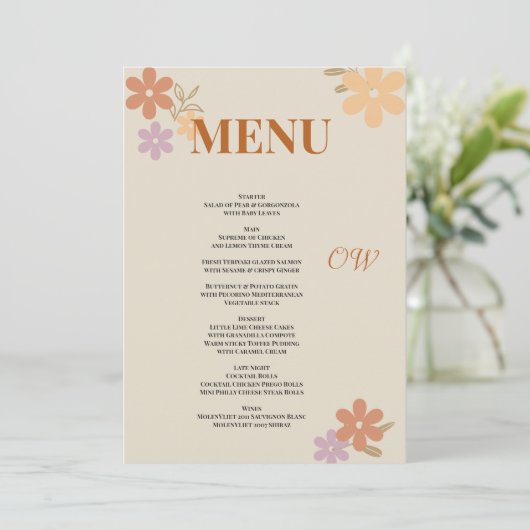 Elegante Boho Floral bruiloft menu uitnodiging (Staand voorkant)