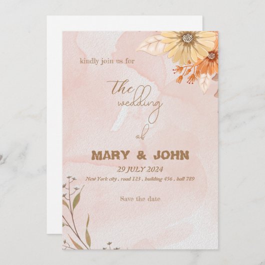 Elegante boho floral chique bruiloft uitnodiging (Voorkant / Achterkant)