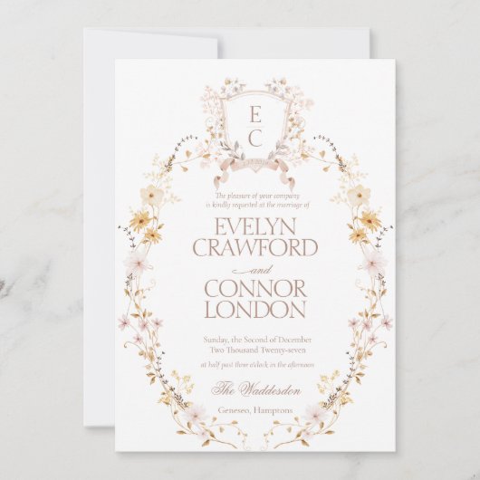 Elegante Boho Floral Crest bruiloft uitnodiging (Voorkant)