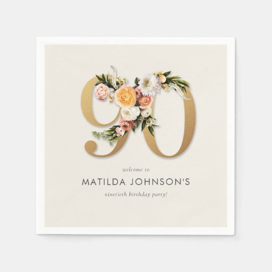 Elegante Boho Floral Gold Folie 90e verjaardag Servet (Voorkant)