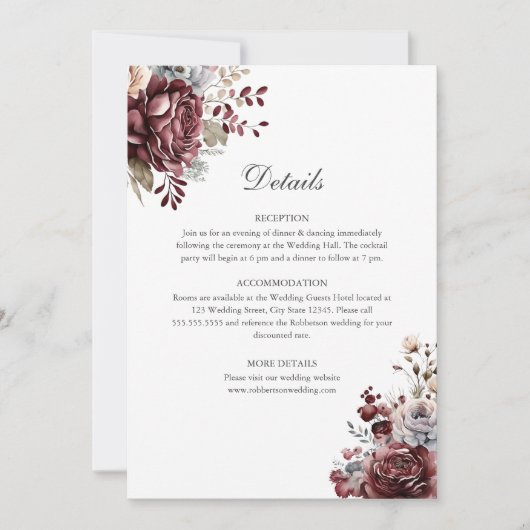 Elegante Boho Floral Wedding Details Kaart (Voorkant)