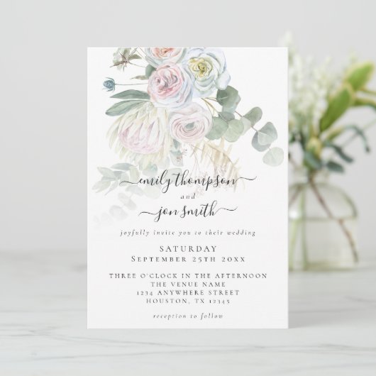 Elegante Boho Florals Eucalyptus Pastel Bruiloft Kaart (Staand voorkant)