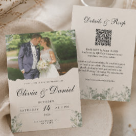 Elegante Boho Foto All in One met QR Huwelijk Kaart
