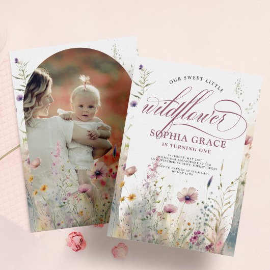 Elegante Boho foto Wildflower 1e verjaardag Kaart