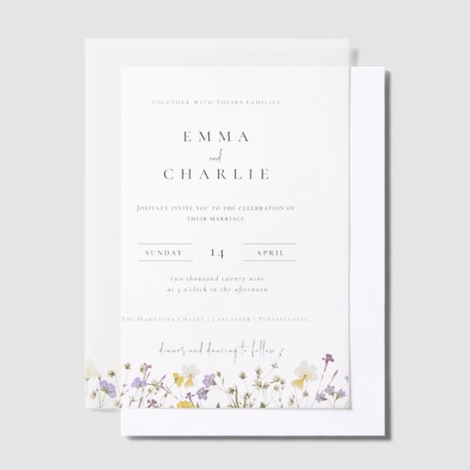 Elegante Boho Garden Wildflowers Wedding Vellum Uitnodigingen (Offset)