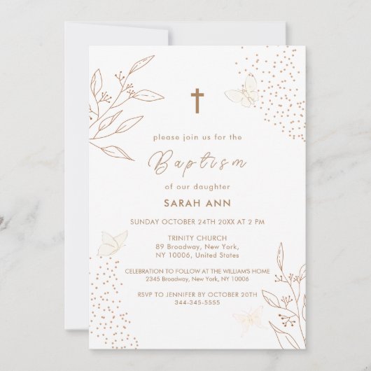 Elegante Boho Gold bladeren Vlinder kruis doop Kaart (Voorkant)