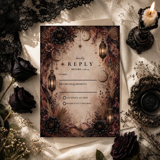 Elegante Boho Goth Huwelijk RSVP Kaartje