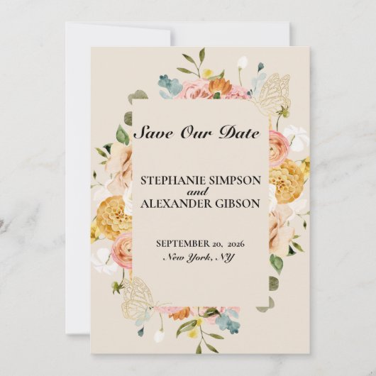 Elegante Boho Gouden Roze Bloemige Save The Date K (Voorkant)