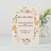 Elegante Boho Gouden Roze Bloemige Save The Date K (Staand voorkant)