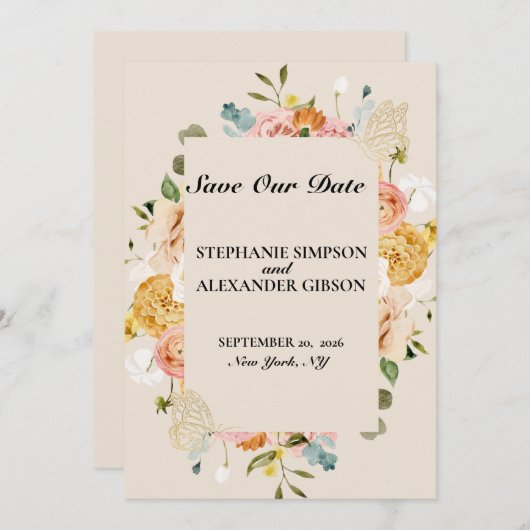 Elegante Boho Gouden Roze Bloemige Save The Date K (Voorkant / Achterkant)