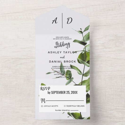 Elegante Boho Green Bladeren Monogram Bloemen Huwe All In One Uitnodiging (Binnen)