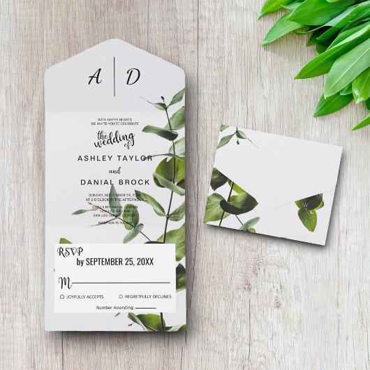 Elegante Boho Green Bladeren Monogram Bloemen Huwe All In One Uitnodiging