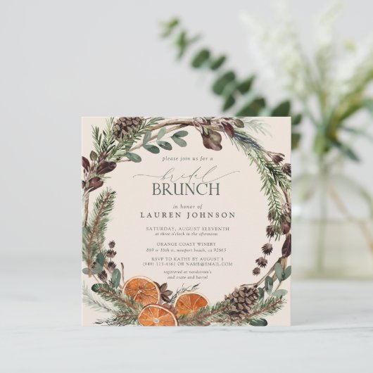 Elegante Boho Greenery Citrus Herfst Bruids Brunch Kaart (Staand voorkant)