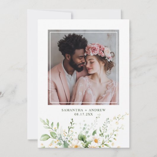 Elegante Boho Greenery Wildflower Fotobruiloft Kaart (Achterkant)