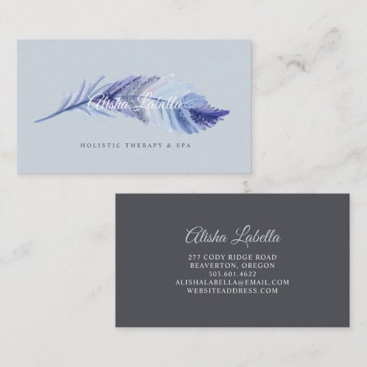 Elegante Boho Grey & Dusty Blue Waterverf Feather Visitekaartje (Voorkant / Achterkant)
