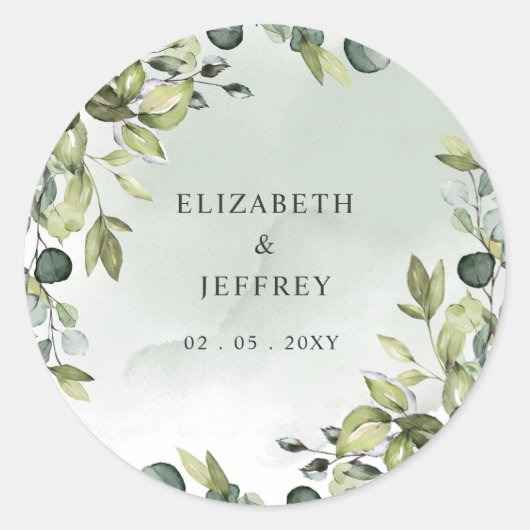 Elegante Boho groen eucalyptus bruiloft Ronde Sticker (Voorkant)