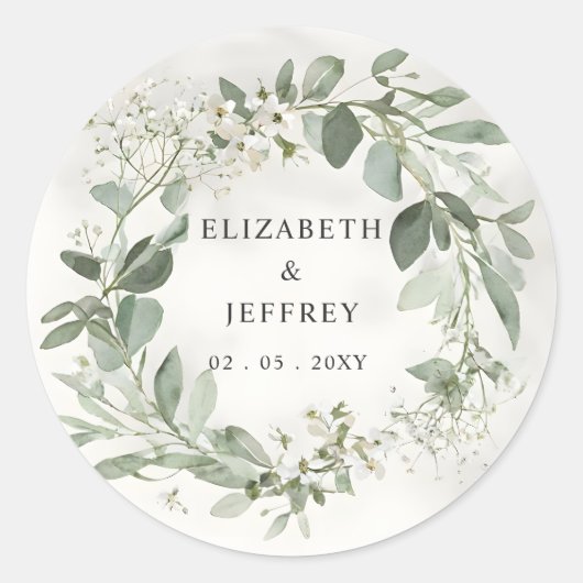 Elegante Boho groen eucalyptus bruiloft Ronde Sticker (Voorkant)