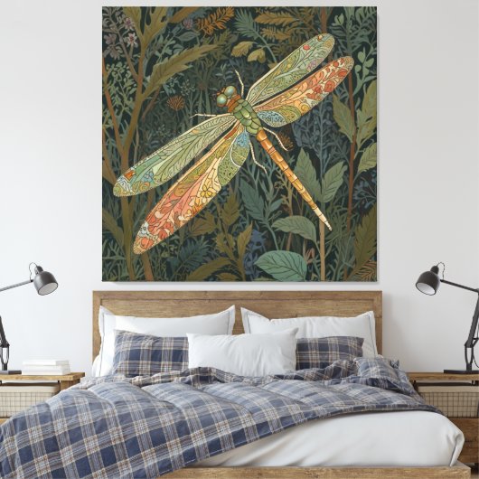 Elegante boho groene libel canvas afdruk (Insitu (Slaapkamer))