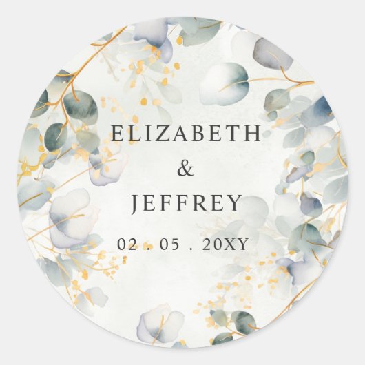 Elegante Boho Groenelementen Eucalyptus Bruiloft Ronde Sticker (Voorkant)