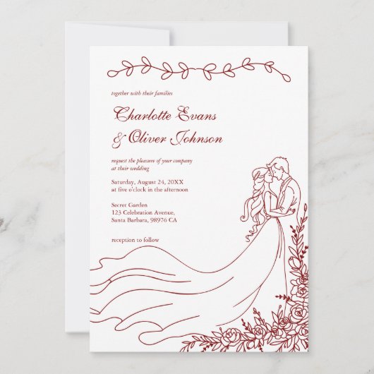 Elegante Boho Hand getrokken paar Bourgondische br Kaart (Voorkant)