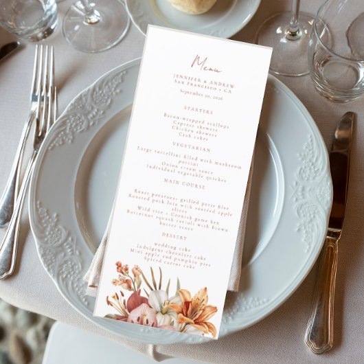 Elegante Boho Herfst Bloemen Trouwmenu's Menu