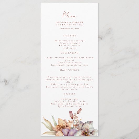 Elegante Boho Herfst Bloemen Trouwmenu's Menu (Voorkant)