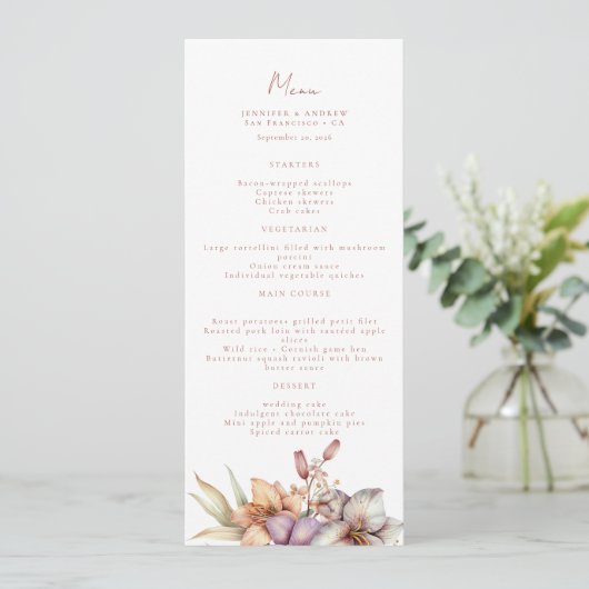 Elegante Boho Herfst Bloemen Trouwmenu's Menu (Staand voorkant)