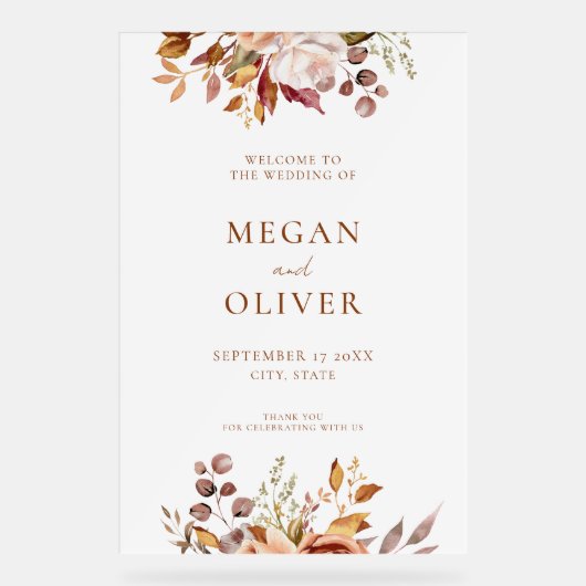 Elegante Boho herfst bloemenbruiloft welkom Acryl Bord (Voorkant)