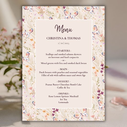 Elegante Boho Herfst Wildflower Wedding Menu