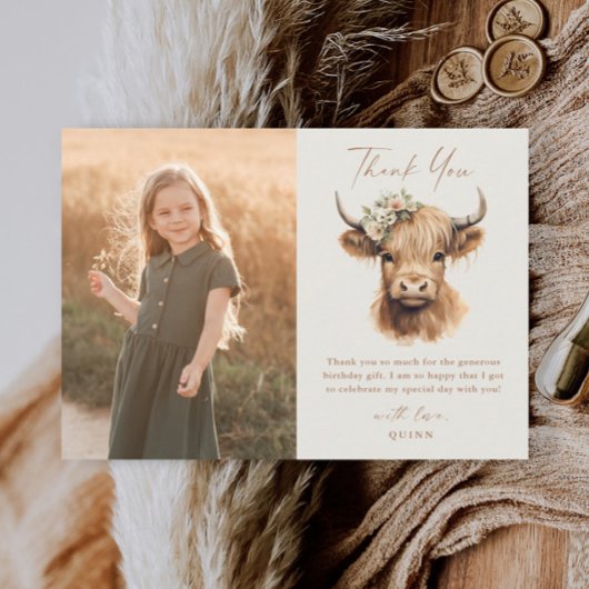 Elegante Boho Highland Koe Kids Foto Verjaardag Bedankkaart