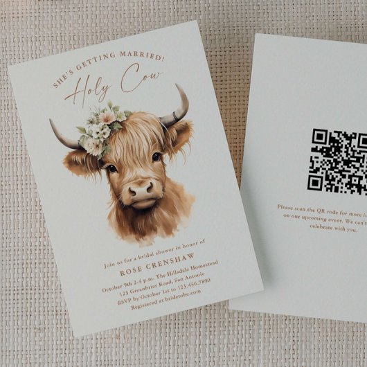 Elegante Boho Hoogland Koe QR Code Bruidsdouche Kaart