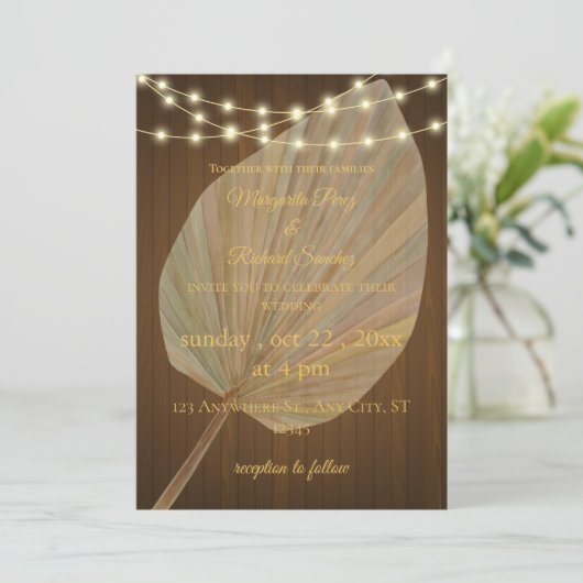 Elegante Boho Huwelijksuitnodiging met Palm Leaf e Kaart (Staand voorkant)