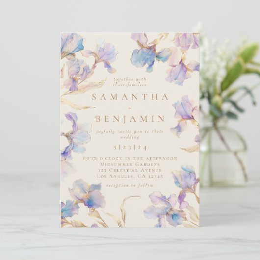Elegante Boho Iris Alles In Een Bruiloft Uitnodigi Kaart (Staand voorkant)
