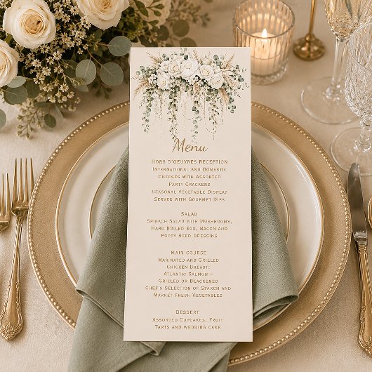 Elegante Boho Ivoor Rozen Parels Bruiloft | Menu