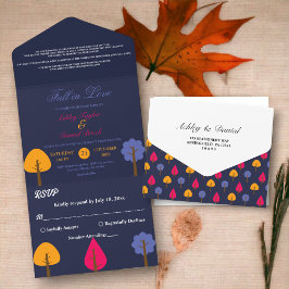 Elegante Boho Kleurrijke Bomen Navy Blauwe Herfst All In One Uitnodiging