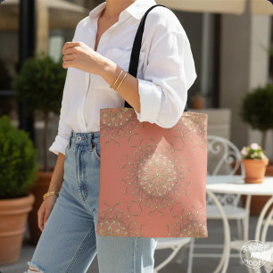 Elegante Boho Koraal Roze & Goud Juwelen Mandala Tote Bag