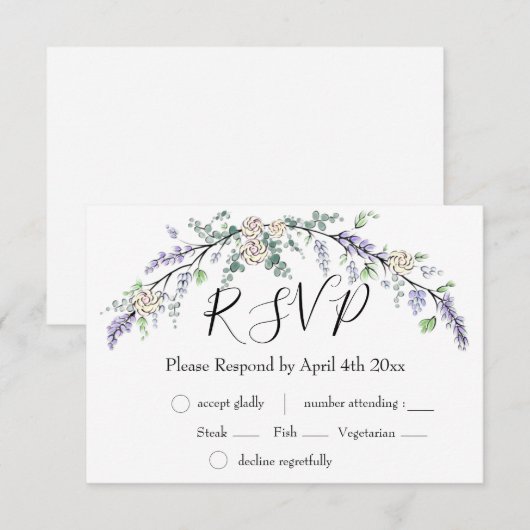 Elegante boho Lavendel witte roos en Eucalyptus RSVP Kaartje (Voorkant / Achterkant)