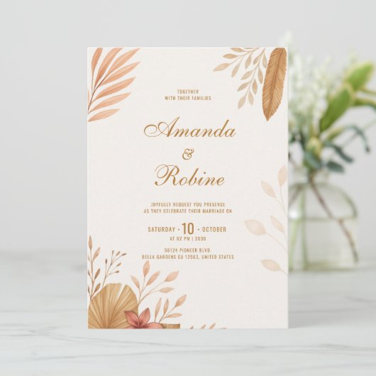 Elegante Boho Leaf bruiloft uitnodiging (Staand voorkant)