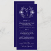 Elegante Boho Leaf Monogram Blauw en Wit Huwelijk Menu (Voorkant / Achterkant)