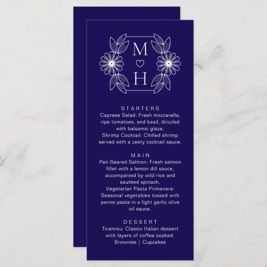 Elegante Boho Leaf Monogram Blauw en Wit Huwelijk Menu (Voorkant / Achterkant)