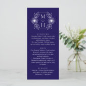 Elegante Boho Leaf Monogram Blauw en Wit Huwelijk Menu (Staand voorkant)
