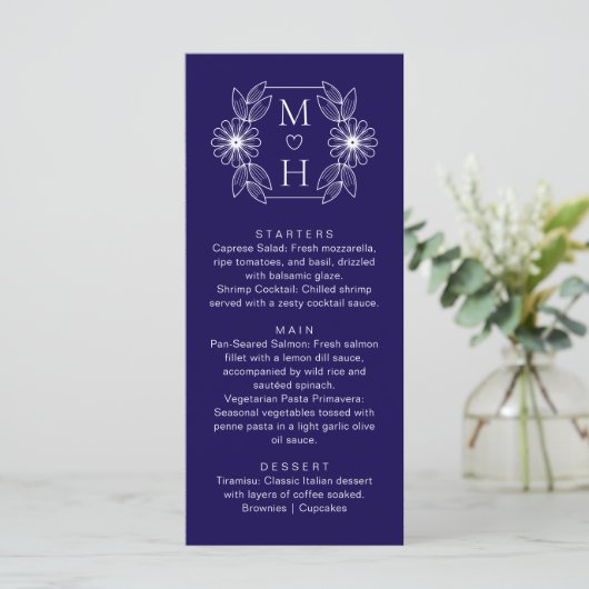 Elegante Boho Leaf Monogram Blauw en Wit Huwelijk Menu (Staand voorkant)