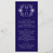 Elegante Boho Leaf Monogram Blauw en Wit Huwelijk Menu (Voorkant)