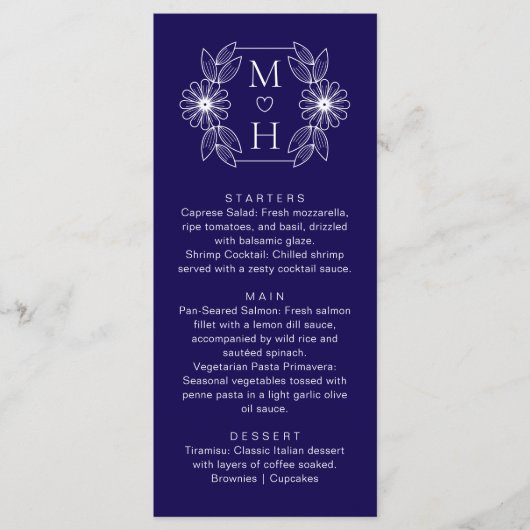 Elegante Boho Leaf Monogram Blauw en Wit Huwelijk Menu (Voorkant)