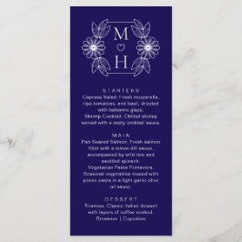 Elegante Boho Leaf Monogram Blauw en Wit Huwelijk Menu