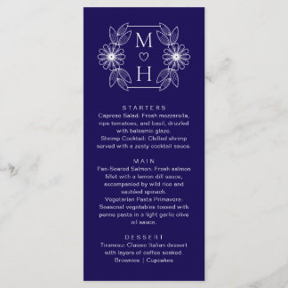Elegante Boho Leaf Monogram Blauw en Wit Huwelijk Menu